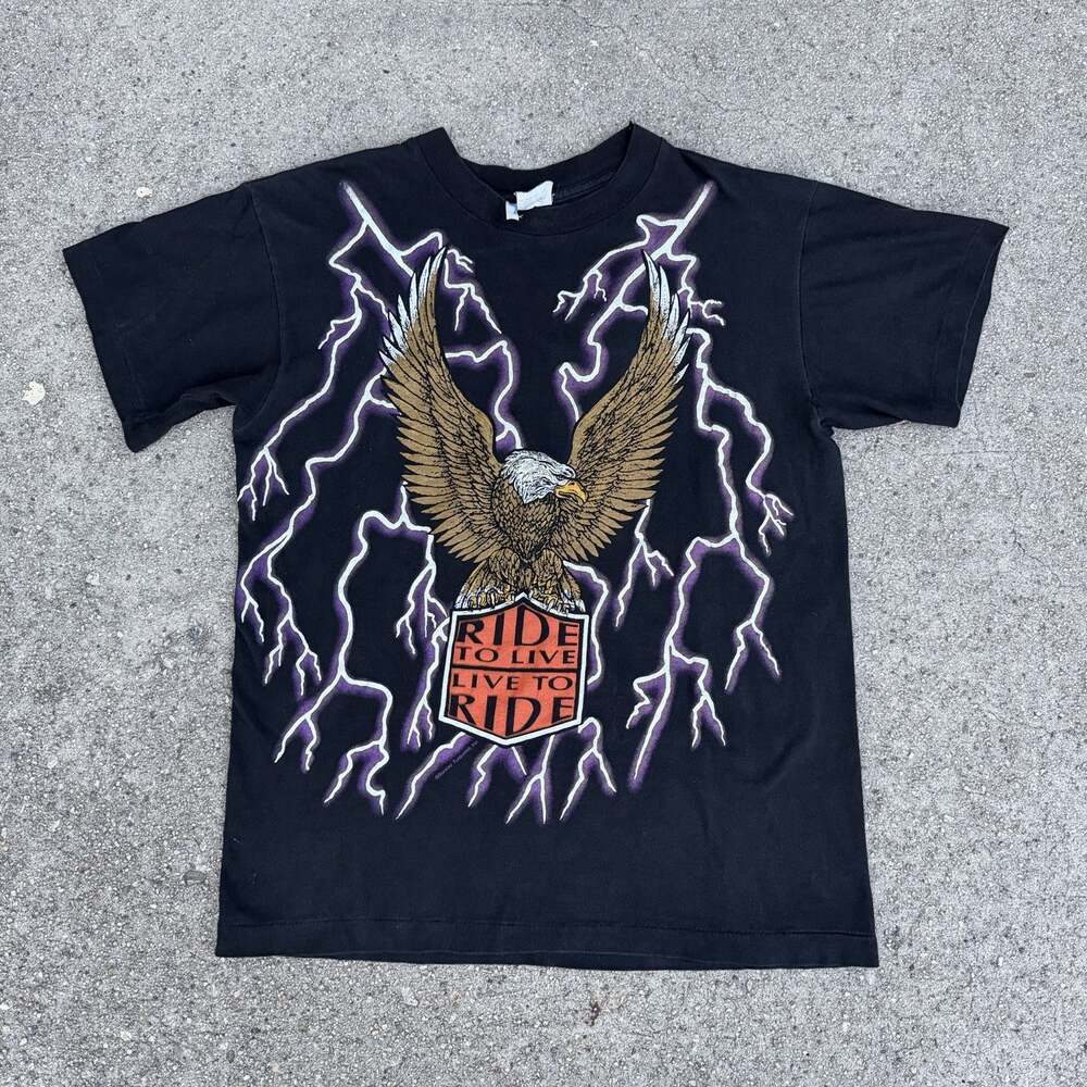 Vintage 90s American Thunder Harley Davidson Lightning AOP Tee T-Shirt Sz L